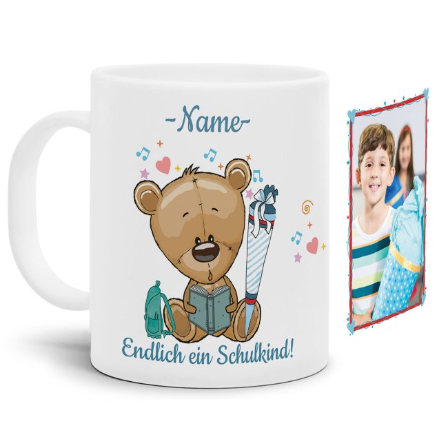 Süße Tiertasse personalisierbar mit Wunschname für Schulanfänger mit Teddymotiv. Ein besonderes