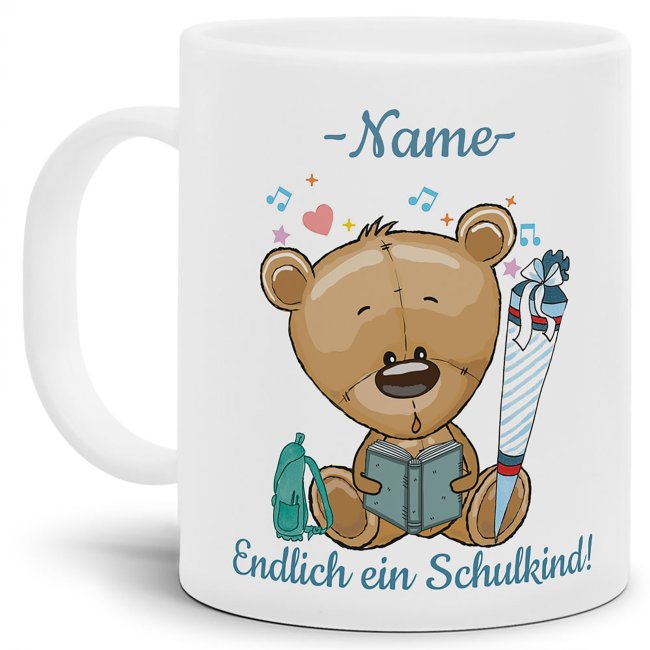 Süße Tiertasse personalisierbar mit Wunschname für Schulanfänger mit Teddymotiv. Ein besonderes