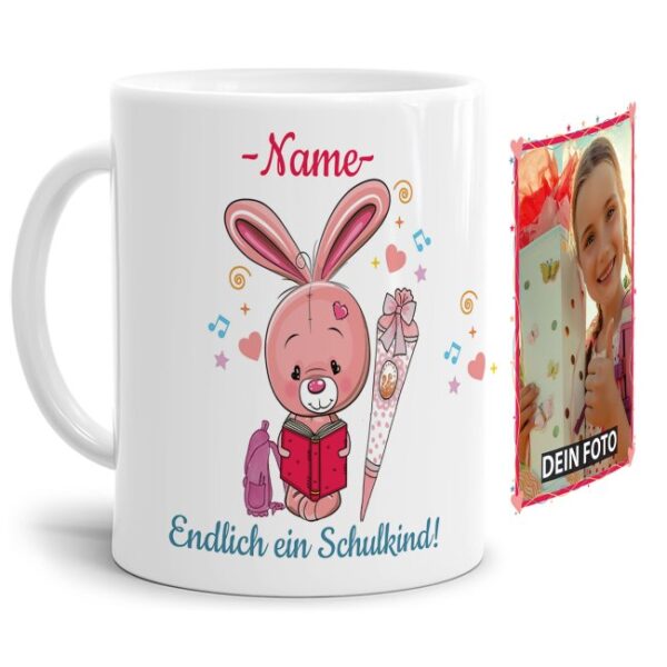 Süße Tiertasse personalisierbar mit Wunschname für Schulanfänger mit Hasenmotiv. Ein besonderes