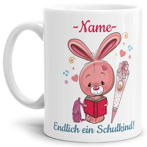 Süße Tiertasse personalisierbar mit Wunschname für Schulanfänger mit Hasenmotiv. Ein besonderes