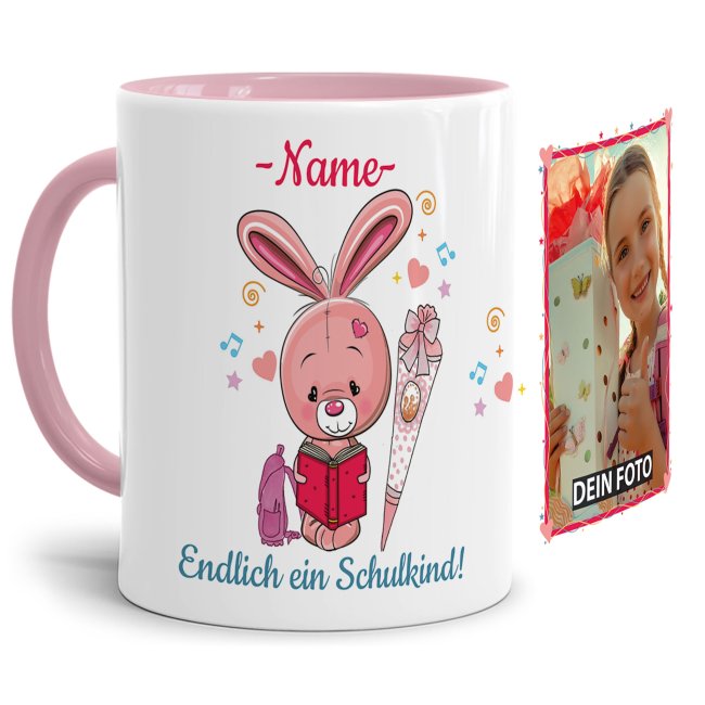 Süße Tiertasse personalisierbar mit Wunschname für Schulanfänger mit Hasenmotiv. Ein besonderes