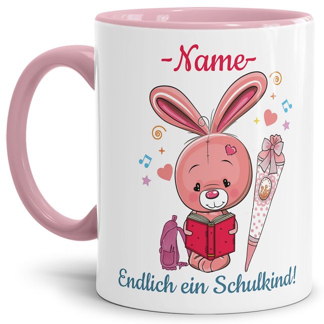 Süße Tiertasse personalisierbar mit Wunschname für Schulanfänger mit Hasenmotiv. Ein besonderes