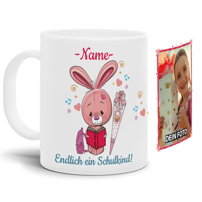 Süße Tiertasse personalisierbar mit Wunschname für Schulanfänger mit Hasenmotiv. Ein besonderes