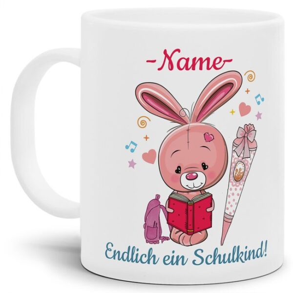 Süße Tiertasse personalisierbar mit Wunschname für Schulanfänger mit Hasenmotiv. Ein besonderes