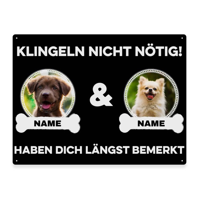 Liebevoll gestaltetes Outdoorschild mit lustigem Hunde-Spruch - Klingeln nicht nötig - mit Fotos & Namen selbst gestalten - Dieses personalisierte...