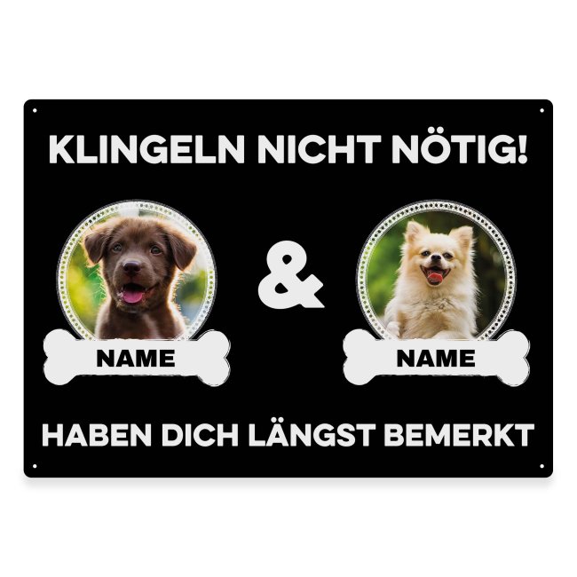 Liebevoll gestaltetes Outdoorschild mit lustigem Hunde-Spruch - Klingeln nicht nötig - mit Fotos & Namen selbst gestalten - Dieses personalisierte...