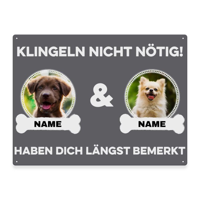 Liebevoll gestaltetes Outdoorschild mit lustigem Hunde-Spruch - Klingeln nicht nötig - mit Fotos & Namen selbst gestalten - Dieses personalisierte...