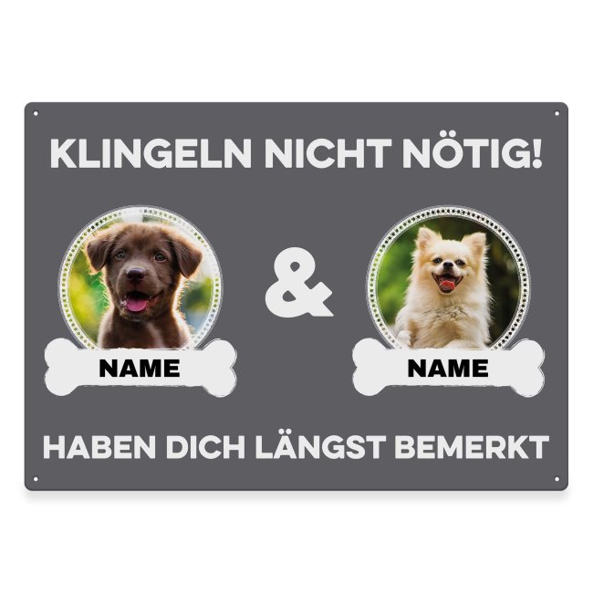 Liebevoll gestaltetes Outdoorschild mit lustigem Hunde-Spruch - Klingeln nicht nötig - mit Fotos & Namen selbst gestalten - Dieses personalisierte...