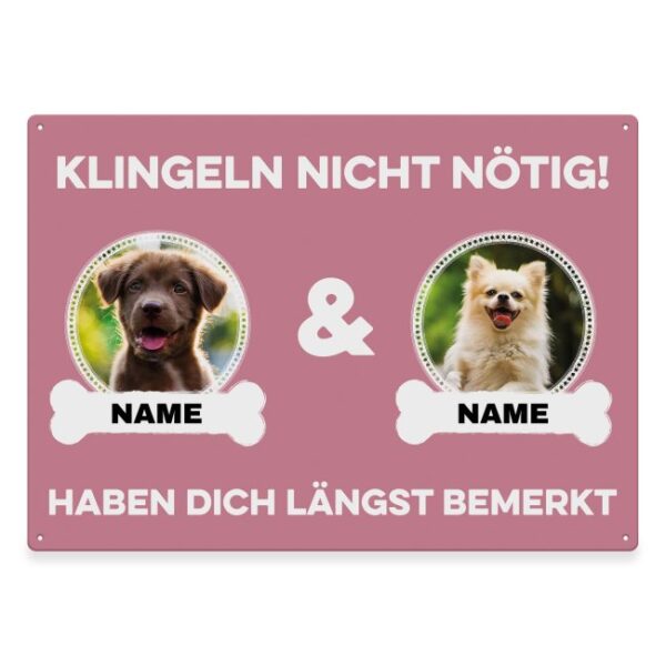 Liebevoll gestaltetes Outdoorschild mit lustigem Hunde-Spruch - Klingeln nicht nötig - mit Fotos & Namen selbst gestalten - Dieses personalisierte...