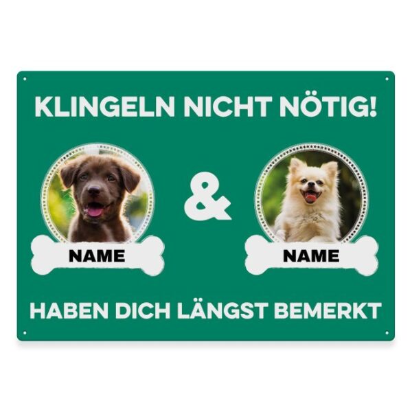 Liebevoll gestaltetes Outdoorschild mit lustigem Hunde-Spruch - Klingeln nicht nötig - mit Fotos & Namen selbst gestalten - Dieses personalisierte...