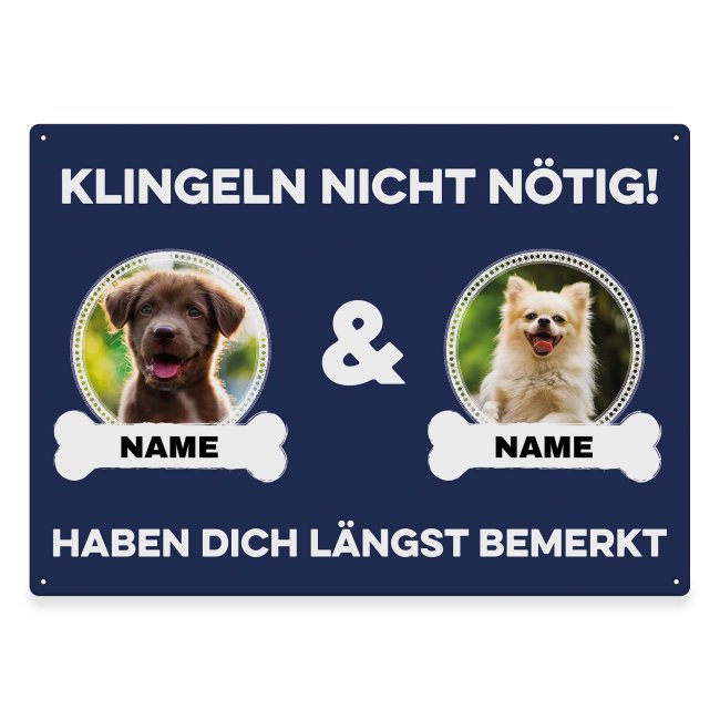 Liebevoll gestaltetes Outdoorschild mit lustigem Hunde-Spruch - Klingeln nicht nötig - mit Fotos & Namen selbst gestalten - Dieses personalisierte...