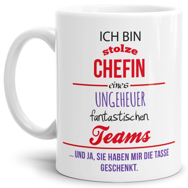 Diese hochwertige Chefin-Tasse mit lustigem Spruch ist das perfekte Geschenk für die besten Chefin von ihrem Team. Ob im Büro oder für das Zuhause...