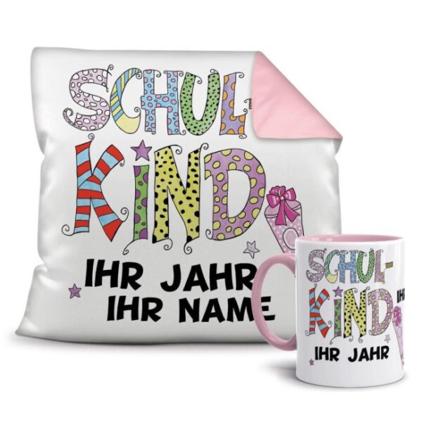 Ein besonders persönliches Einschulungsgeschenk sind unsere Geschenk-Sets mit kleinem Kissen 40 x 40 cm und passender Motivtasse für unsere kleinen...