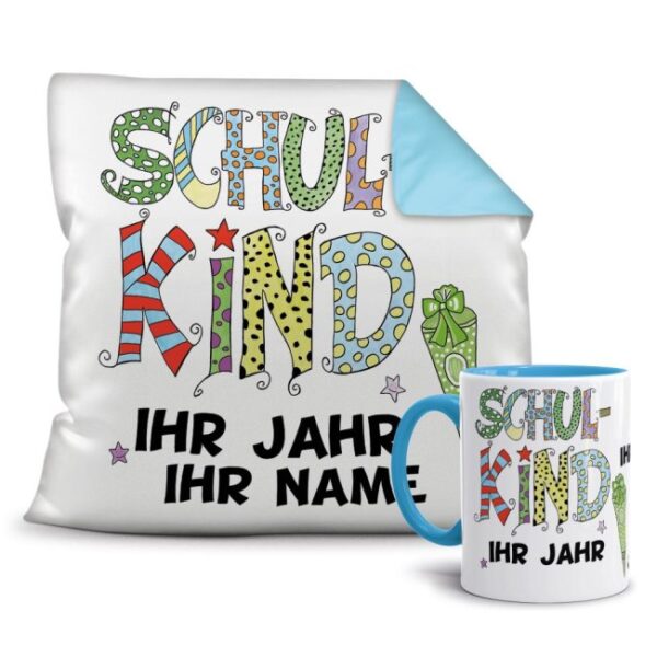 Ein besonders persönliches Einschulungsgeschenk sind unsere Geschenk-Sets mit kleinem Kissen 40 x 40 cm und passender Motivtasse für alle Jungen...