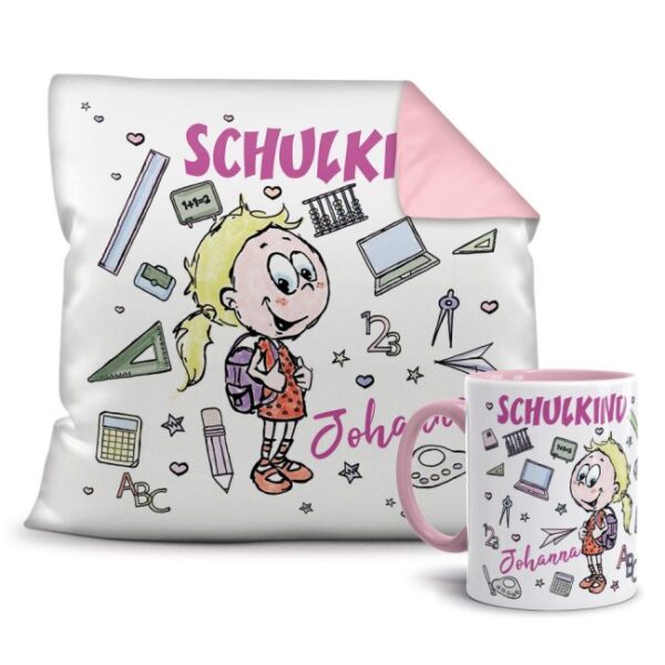 Ein besonders persönliches Einschulungsgeschenk sind unsere Geschenk-Sets mit kleinem Kissen 40 x 40 cm und passender Motivtasse für alle Mädchen...