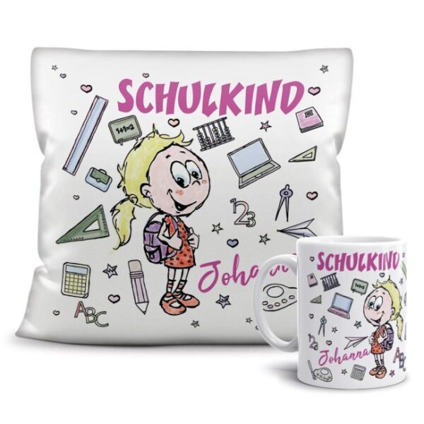 Ein besonders persönliches Einschulungsgeschenk ist dieses Geschenke-Set aus kleinem Kissen 40 x 40 cm und passender Motivtasse für alle Mädchen...