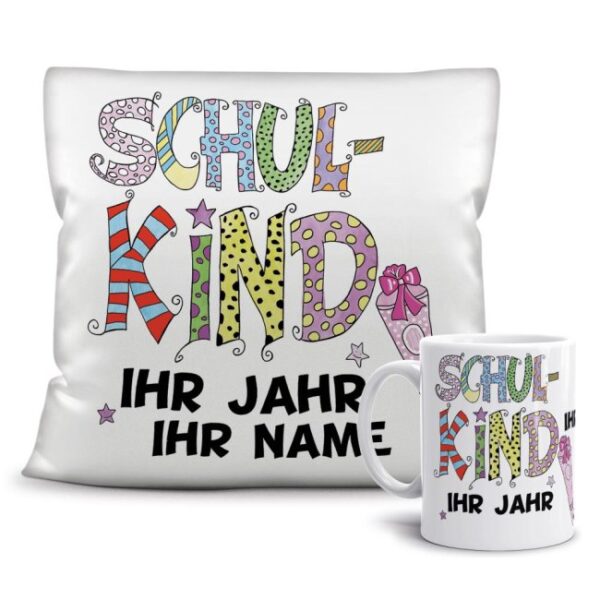 Ein besonders persönliches Einschulungsgeschenk sind unsere Geschenk-Sets mit kleinem Kissen 40 x 40 cm und passender Motivtasse für alle Mädchen...