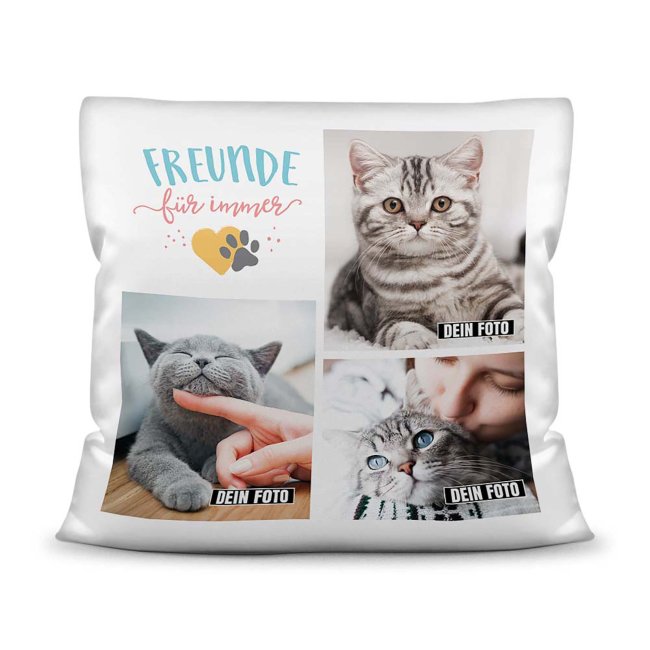 Bedrucktes Zierkissen mit Katzen-Spruch - Fotocollage - Freunde für immer - mit drei Fotos - Dieses selbst gestaltete Kissen macht sich perfekt in...