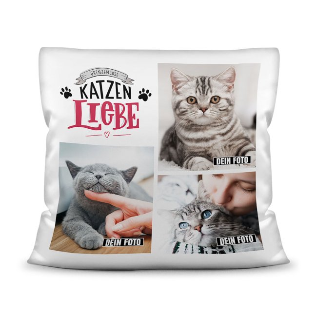 Bedrucktes Zierkissen mit Katzen-Spruch - Fotocollage - Katzenliebe - mit drei Fotos - Dieses selbst gestaltete Kissen macht sich perfekt in jeder...