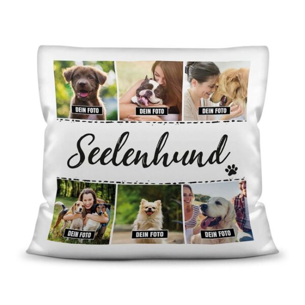 Bedrucktes Zierkissen mit Hunde-Spruch - Fotocollage - Seelenhund - mit sechs Fotos - Dieses selbst gestaltete Kissen macht sich perfekt in jeder...