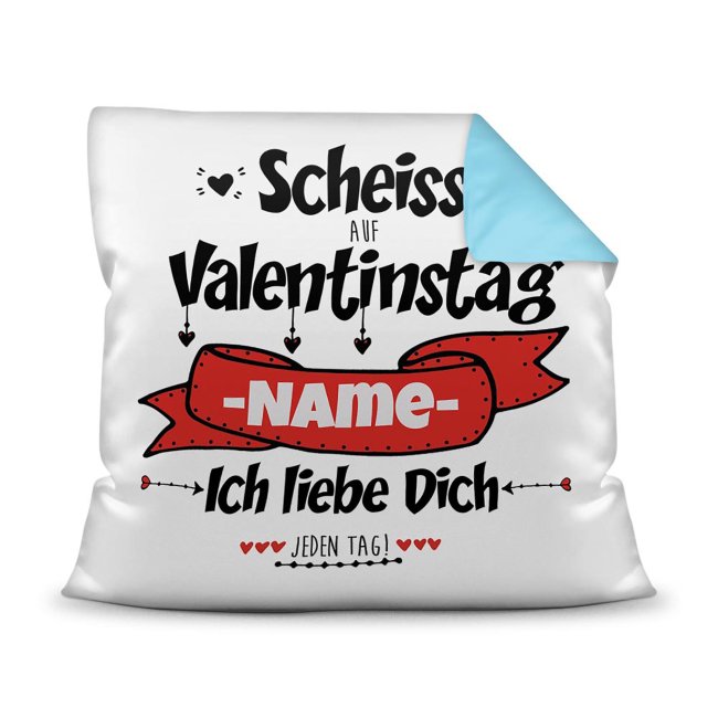 Witzige Geschenkidee nicht nur zum Valentinstag - unser lustiges Kissen mit Wunschname mit hellblauer Rückseite ist eine Liebeserklärung für jeden...