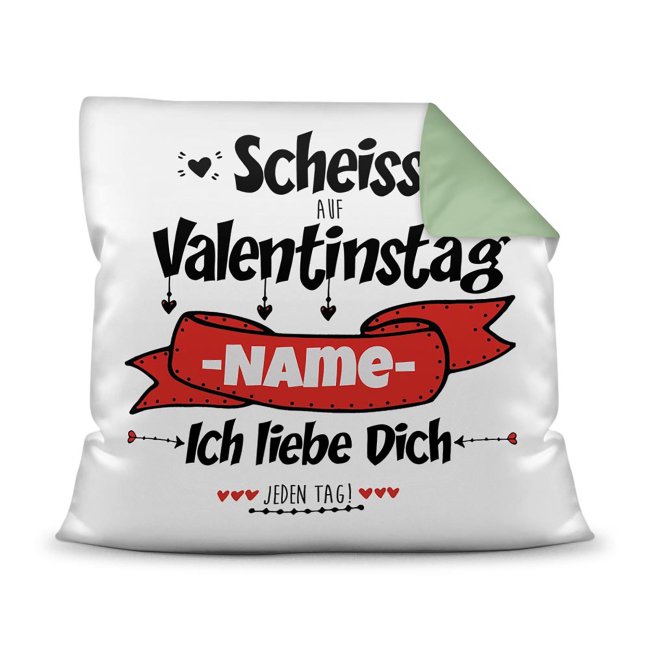 Witzige Geschenkidee nicht nur zum Valentinstag - unser lustiges Kissen mit Wunschname mit seegrüner Rückseite ist eine Liebeserklärung für jeden...