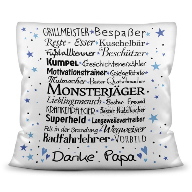 Liebevoll gestaltete Motiv-Kissen zum Kuscheln mit dem Spruch- Danke Papa - in verschiedenen Farben und Materialien. Hochwertige Kissenhülle mit...