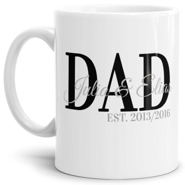 Edle Tasse aus hochwertiger Keramik als Geschenk zur Geburt für stolze Eltern - personalisiert mit den Namen und den Geburtsjahren der Kinder -...