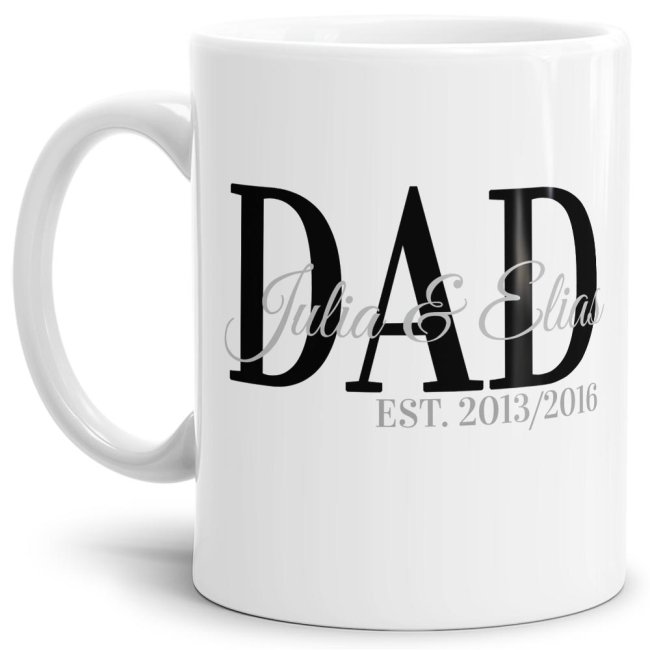 Edle Tasse aus hochwertiger Keramik als Geschenk zur Geburt für stolze Eltern - personalisiert mit den Namen und den Geburtsjahren der Kinder -...