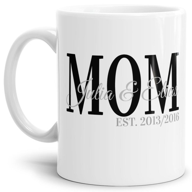 Edle Tasse aus hochwertiger Keramik als Geschenk zur Geburt für stolze Eltern - personalisiert mit den Namen und den Geburtsjahren der Kinder -...