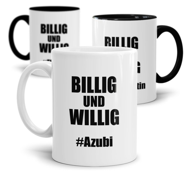 Unsere witzigen Billig & Willig Tassen sind eine lustige Geschenkidee für Azubis