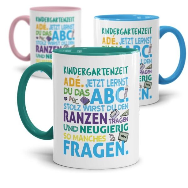 Tschüss Kindergartenzeit - Hallo Schule! Unsere liebevoll gestalteten Tassen sind eine tolle Geschenk-Idee und eine schöne Erinnerung an die bunte...