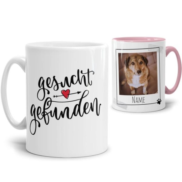 Liebevoll gestaltete Keramik-Tasse mit lustigem Hunde-Spruch - Gesucht Gefunden - mit Fotos & Namen selbst gestalten - Diese personalisierte...