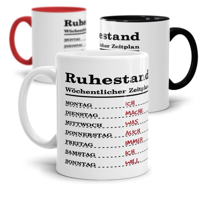 Lustige Tasse für Rentner und Rentnerinnen als Geschenkidee zur Pensionierung - mit dieser witzigen Keramik Tasse - Wochenplan für Rentner - macht...