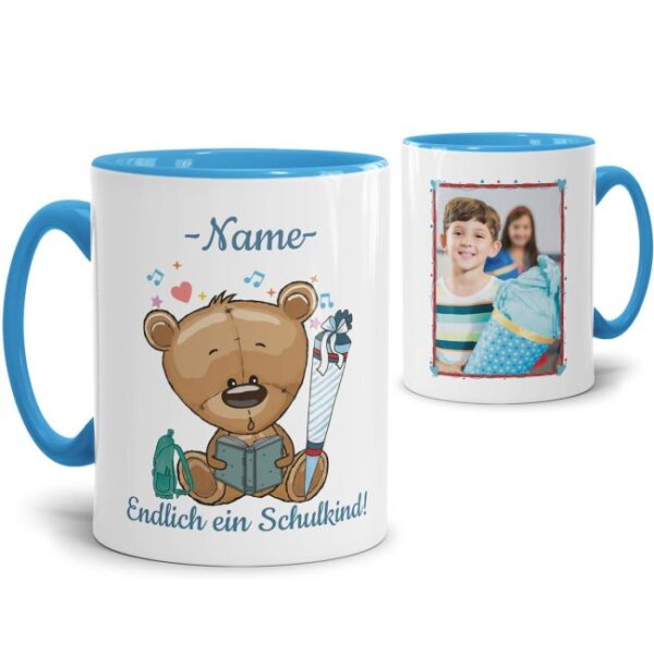 Süße Tiertasse personalisierbar mit Wunschname für Schulanfänger mit Teddymotiv. Ein besonderes