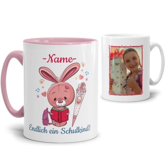 Süße Tiertasse personalisierbar mit Wunschname für Schulanfänger mit Hasenmotiv. Ein besonderes