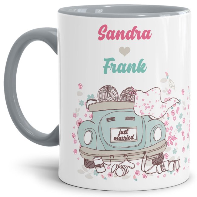 Wunderschöne Tasse zur Hochzeit mit grauem Akzent personalisierbar mit Euren Wunschnamen für alle frisch gebackenen Brautpaare - liebevoll...