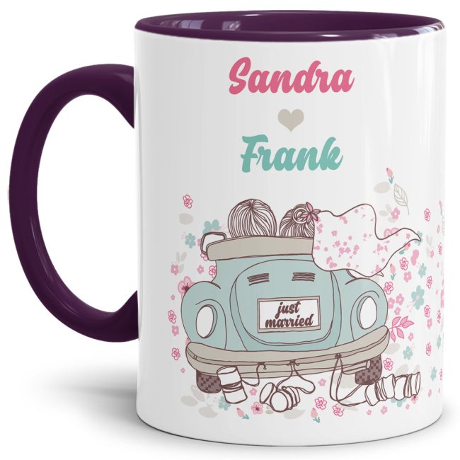 Wunderschöne Tasse zur Hochzeit mit violettem Akzent personalisierbar mit Euren Wunschnamen für alle frisch gebackenen Brautpaare - liebevoll...