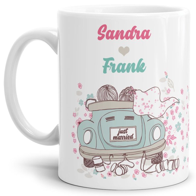 Wunderschöne weiße Tasse zur Hochzeit personalisierbar mit Euren Wunschnamen für alle frisch gebackenen Brautpaare - liebevoll gestaltet. Glänzend...