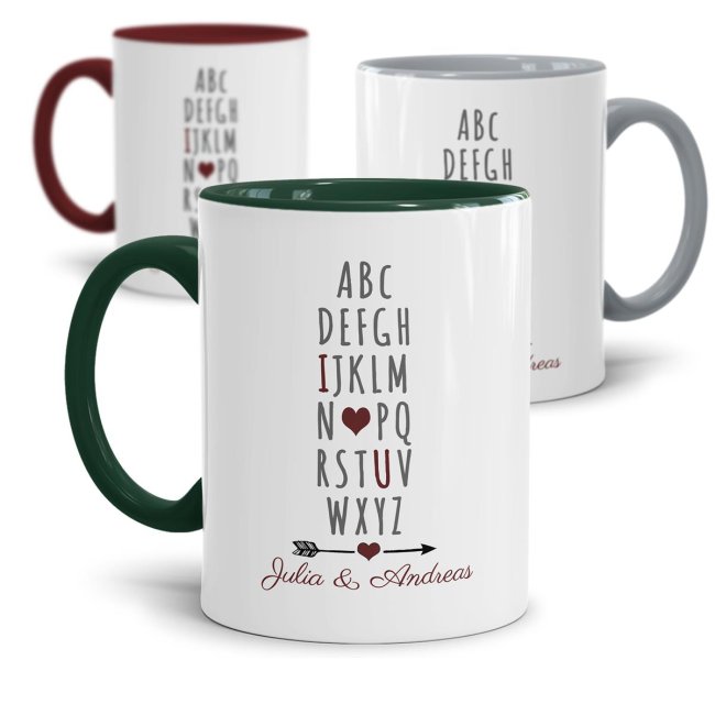 Becher bedruckt mit Spruch - I love you - aus hochwertiger Keramik - eine liebevoll gestaltete Tasse beidseitig bedruckt mit den eigenen VORNAMEN -...