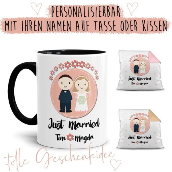 Bedruckte Tassen und Kissen mit Hochzeitsmotiv - Just married - personalisiert mit den Namen des Brautpaars. Süßes Brautpaar auf einer Tasse oder...