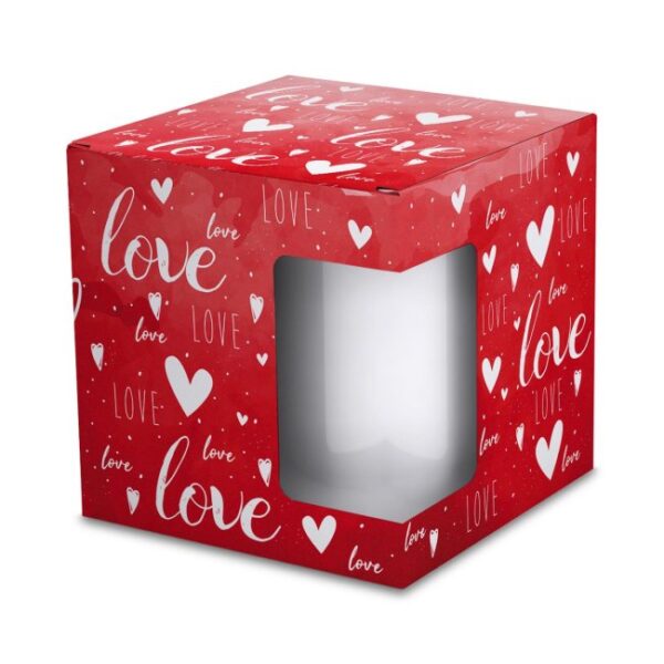 Geschenk-Verpackung liebevoll gestaltet zum Thema Liebe - LOVE - in Rot mit Sichtfenster in den Maßen H 110 x B 110 x T 110 mm mit...