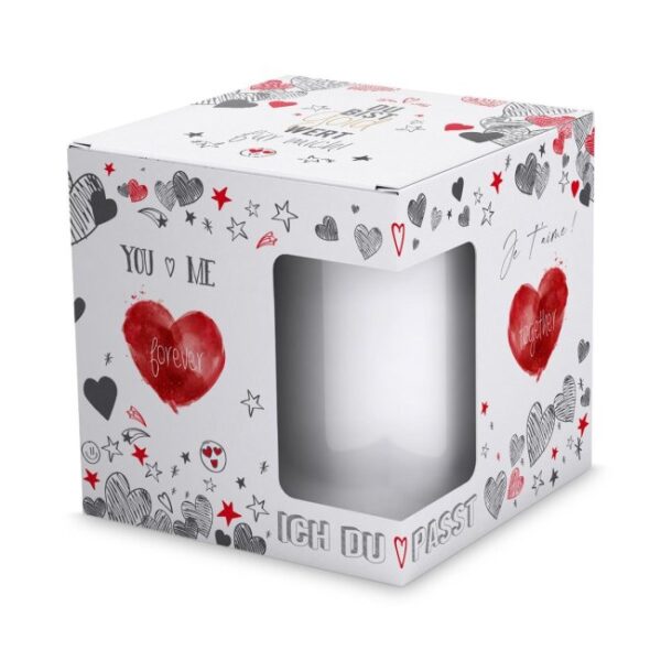 Geschenkverpackung liebevoll gestaltet zum Thema Liebe und Partnerschaft - you and me forever - mit Sichtfenster in den Maßen H 110 x B 110 x T 110...