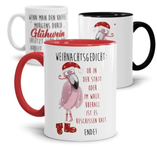 Lustige Weihnachtstassen mit Flamingo im weihnachtlichen Outfit - mit vielen witzigen Weihnachtssprüchen. Eine tolle Geschenkidee für Freunde