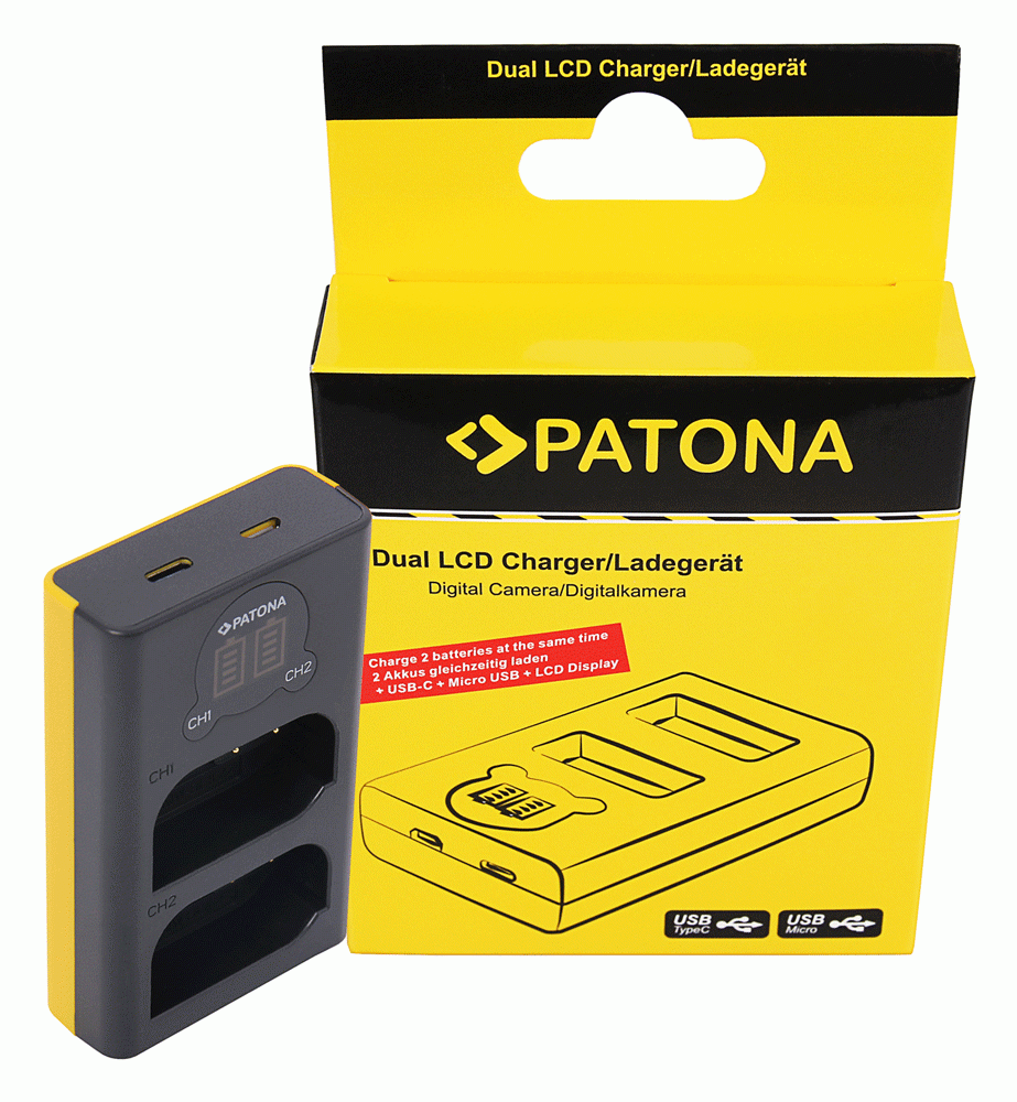 PATONA Dual LCD USB-Ladegerät f. Panasonic DMW-BLK22 DC-S5 G9 GH5 GH5S Mit dem PATONA Dual LCD USB-Ladegerät f. Panasonic DMW-BLK22 lassen sich zwei Akkus schnell