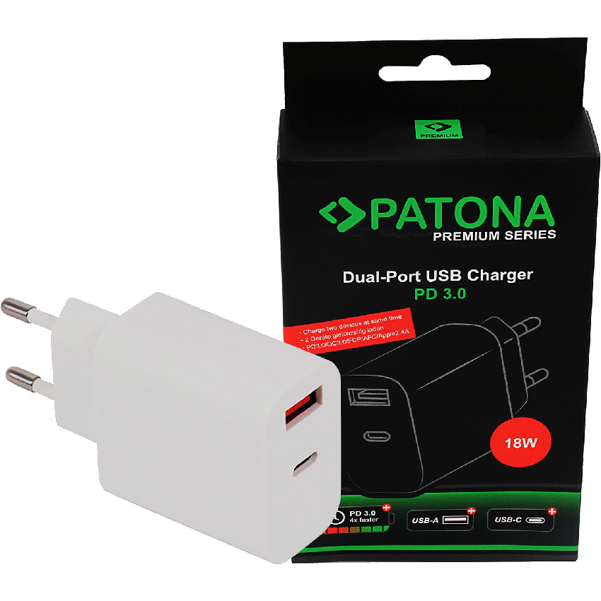 PATONA Premium Netzteil 18W PD QC 3.0 1x USB-C 1x USB-A 5V 3A für Apple Samsung etc. Ganz neu in der PATONA-Produktfamilie präsentieren wir Ihnen unser PD3.0 Schnell-Ladegerät