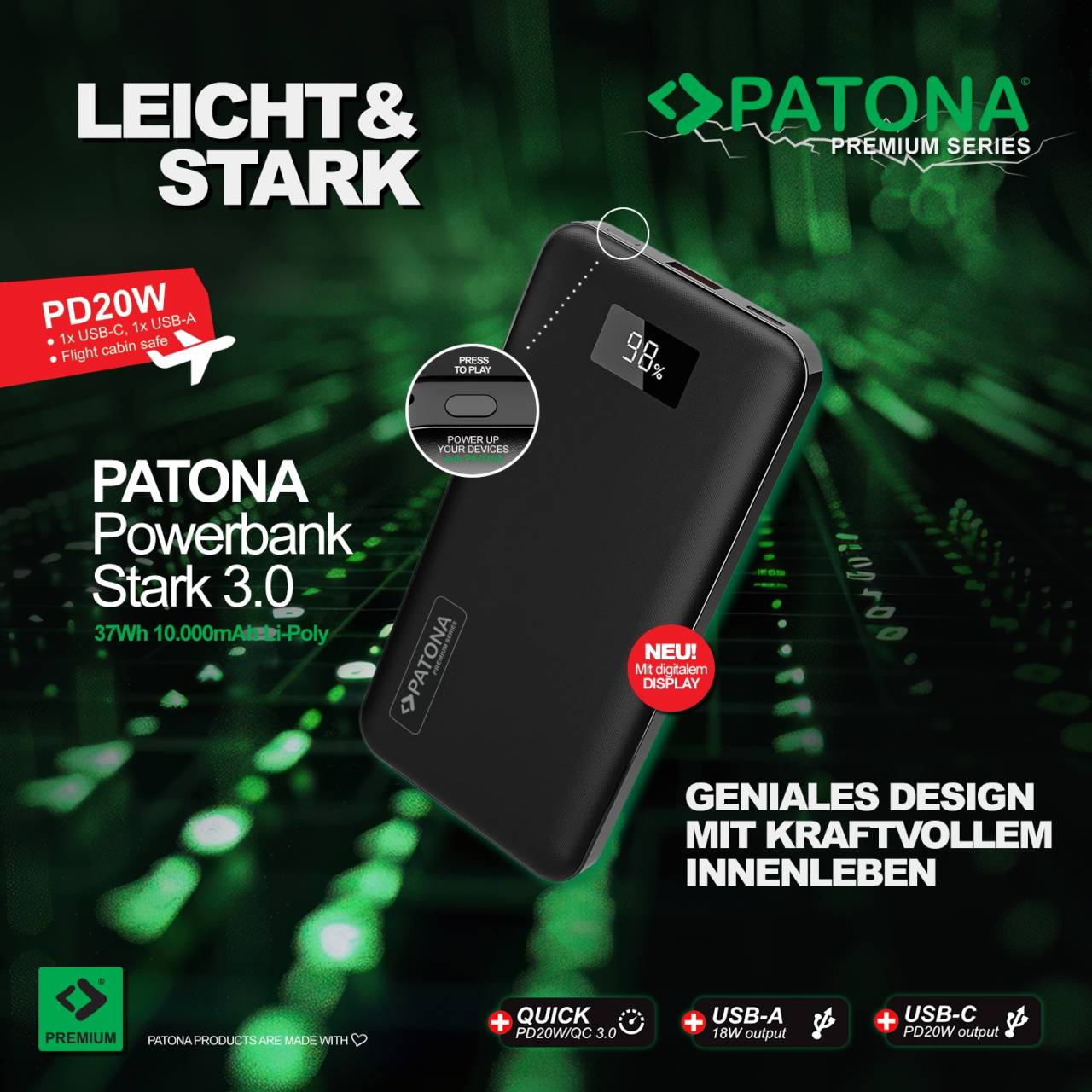 Produktinformationen PATONA Premium Powerbank Stark 3.0 PD20W 10.000mAh Erleben Sie unsere neue Powerbank Stark 3.0 wo immer Sie sind. Laden und/oder nutzen Sie damit