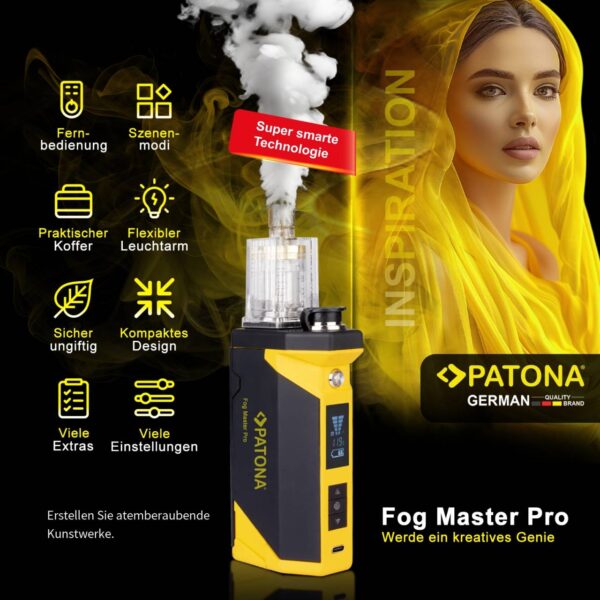 Die PATONA Fog Master Pro ist eine professionelle portable Rauchmaschine für Foto- und Videoaufnahmen. Sie erzeugt Rauch und schafft damit atmosphärische Effekte und besondere