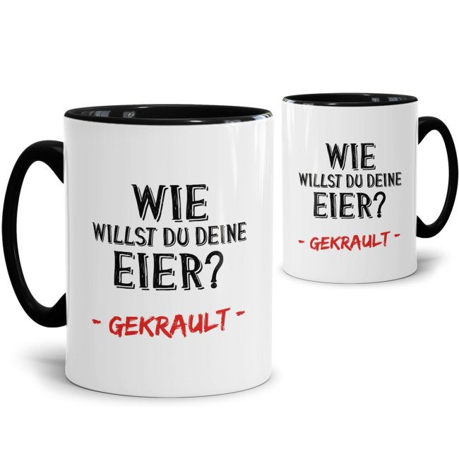 Lustiger Eier-Becher mit Spruch. Perfektes Ostergeschenk für Männer mit Humor. Tasse aus hochwertiger Keramik mit schwarzem Henkel und Innenleben.