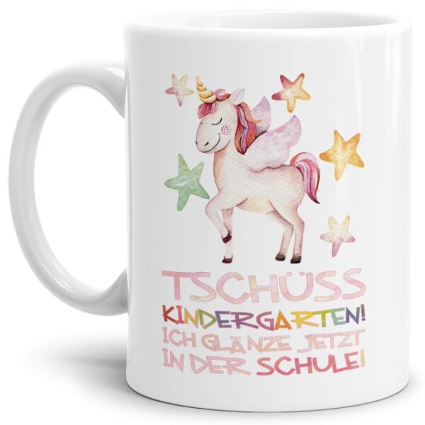 Tasse mit süßem Einhorn und Spruch zum Kitaabschied und zum Schulbeginn. Das persönliche Einschulungsgeschenk besonders für Mädchen weckt die...